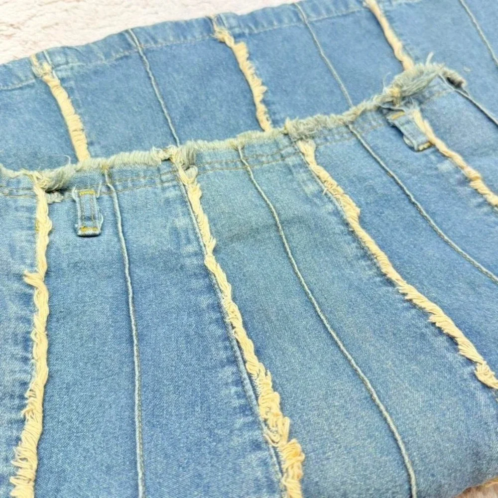 Fibbie Denim Midi Skirt Distressed Paneled Raw Hem Y2K‎ Low Rise Womens S